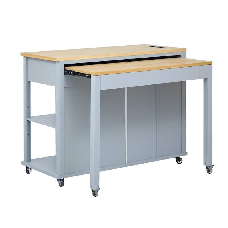 47" Wood Rolling Kitchen Island with Extendable Top,Rack,Power Outlet