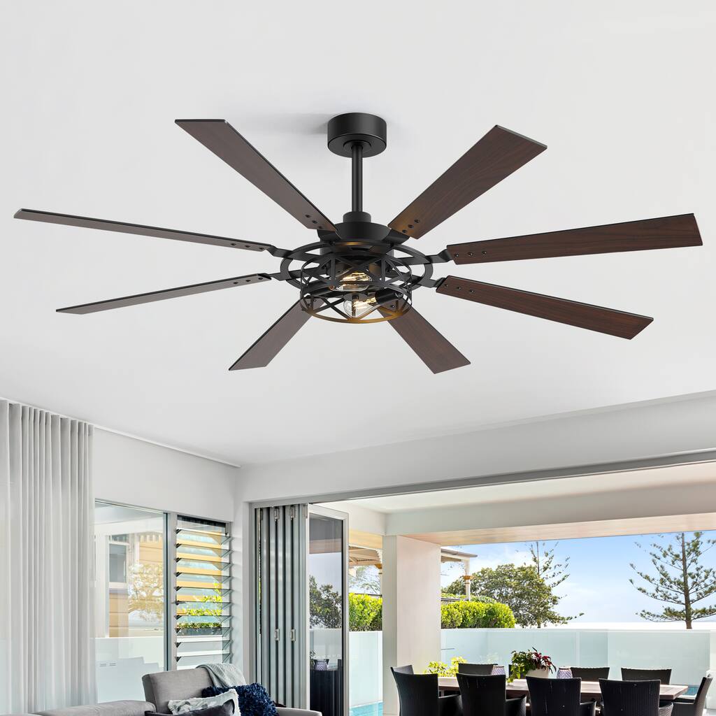65 Inch Modern Ceiling Fan with Light, 8-Blade Wood Grain Black Fan, Quiet DC Motor, Remote Control, for Living Room/Bedroom