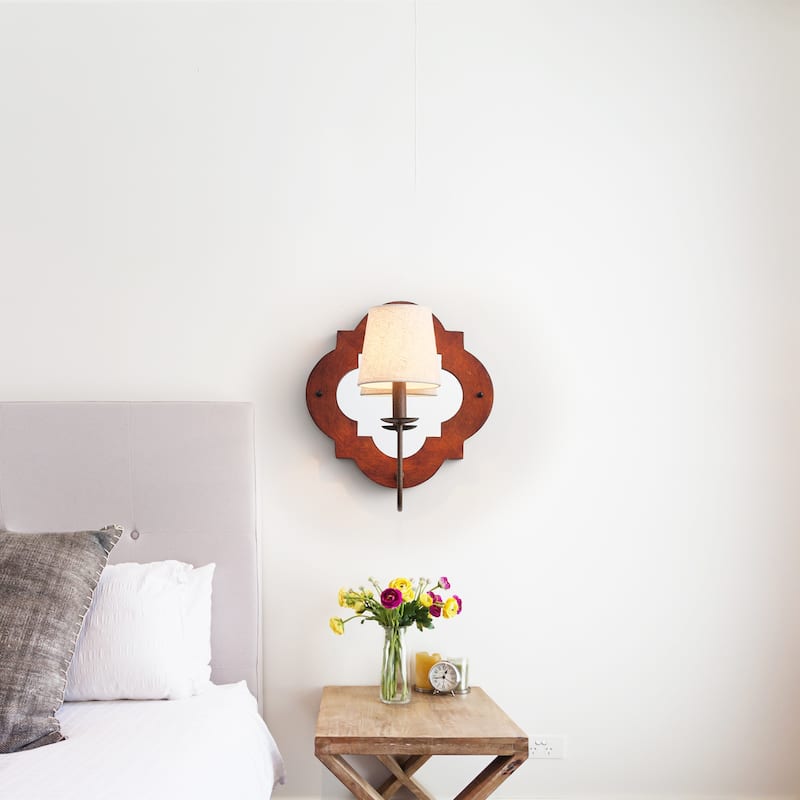 Classic Wood 1-Light Mirrored Wall Sconce with Fabric Shade