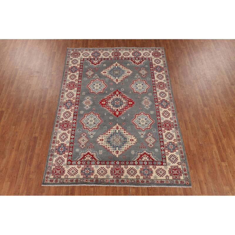 Hand Knotted Oriental 100% Wool Carpet Traditional Geometric Greys & Charcoal Kazak Area Rug - 9' 6'' X 6' 11''