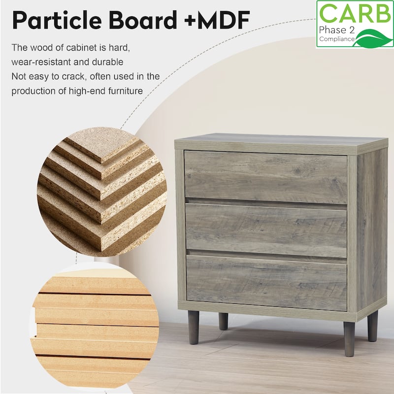 Dresser with 3 Drawers - Wooden Chest of Drawer for Bedroom, Tall Nightstand Side Table, Grey Oak Storage Drawer Cabinet