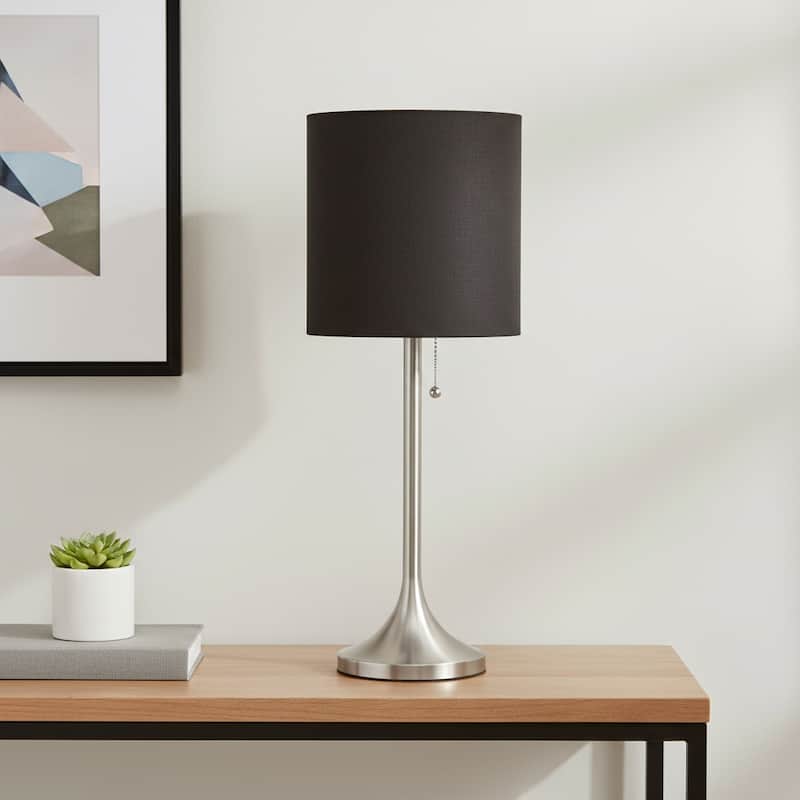 HomeRoots 21" Nickel Metal Table Lamp With Black Drum Shade - 8.00 in. x 21.25 in. x 8.00 in. - Black/Nickel - 8.00 in. x 21.25 in. x 8.00 in.