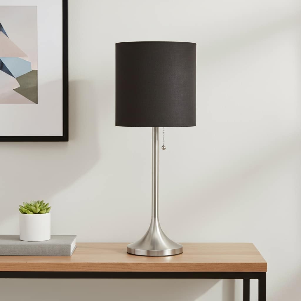 HomeRoots 21" Nickel Metal Table Lamp With Black Drum Shade - 8.00 in. x 21.25 in. x 8.00 in.