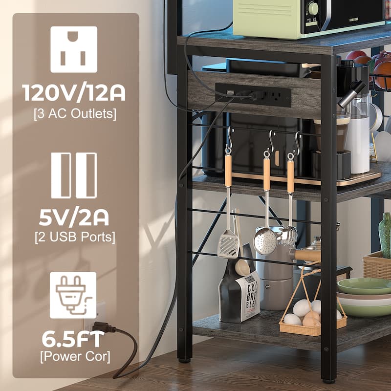 Bakers Rack with Power Outlet and LED Light Strings, Kitchen Storage Shelf