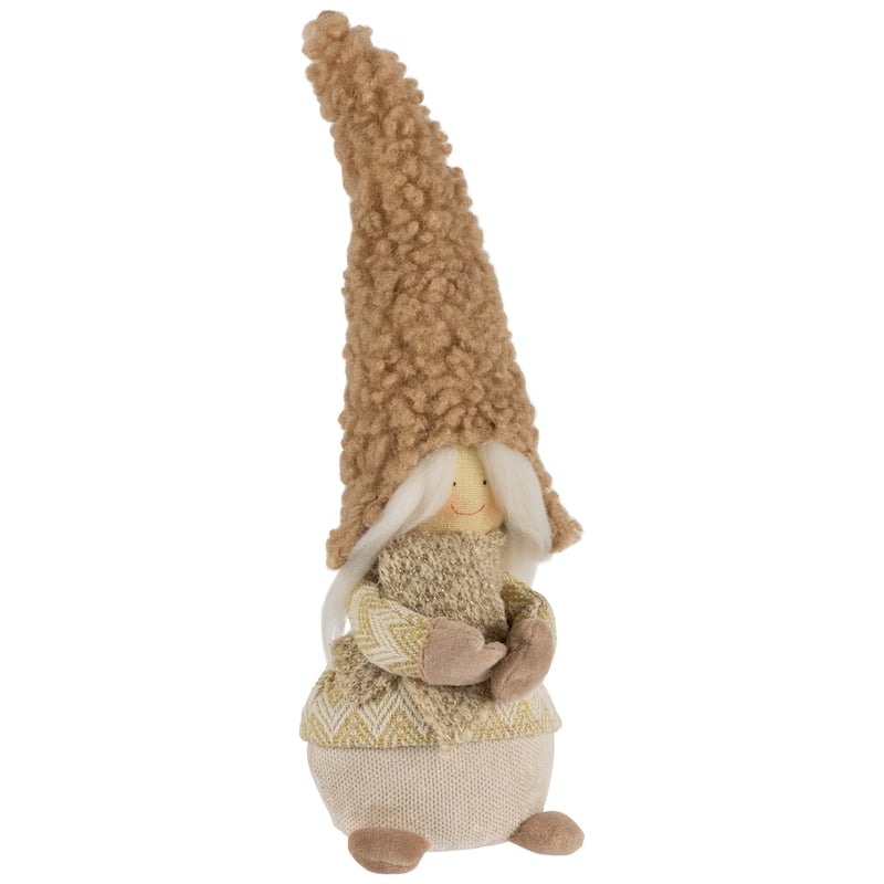 Standing Gnome Girl with Plush Hat Christmas Figurine - 11.5"