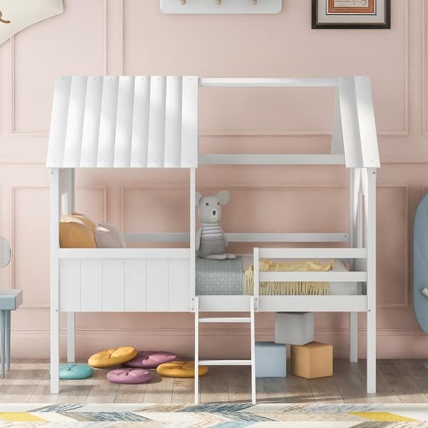 slide 2 of 28, Twin Size Low House Loft Bed with Two Side Windows