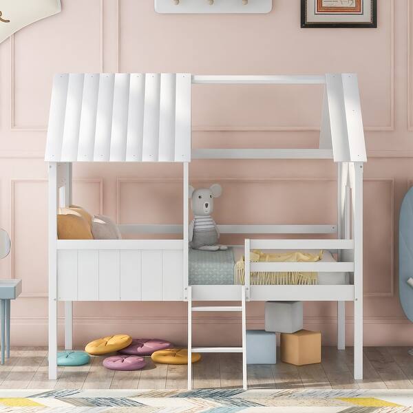 slide 2 of 10, Twin Size Low Loft Bed, White Wooden Playhouse Bed with Semi-enclosed House Frame, 2 Side Windows, Ladder, Guardrails - Unisex White - Twin