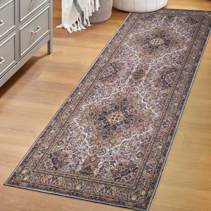 Superior Flamingo Medallion Machine Washable Indoor Area Rug or Runner - 2' 7" x 10' - Cream