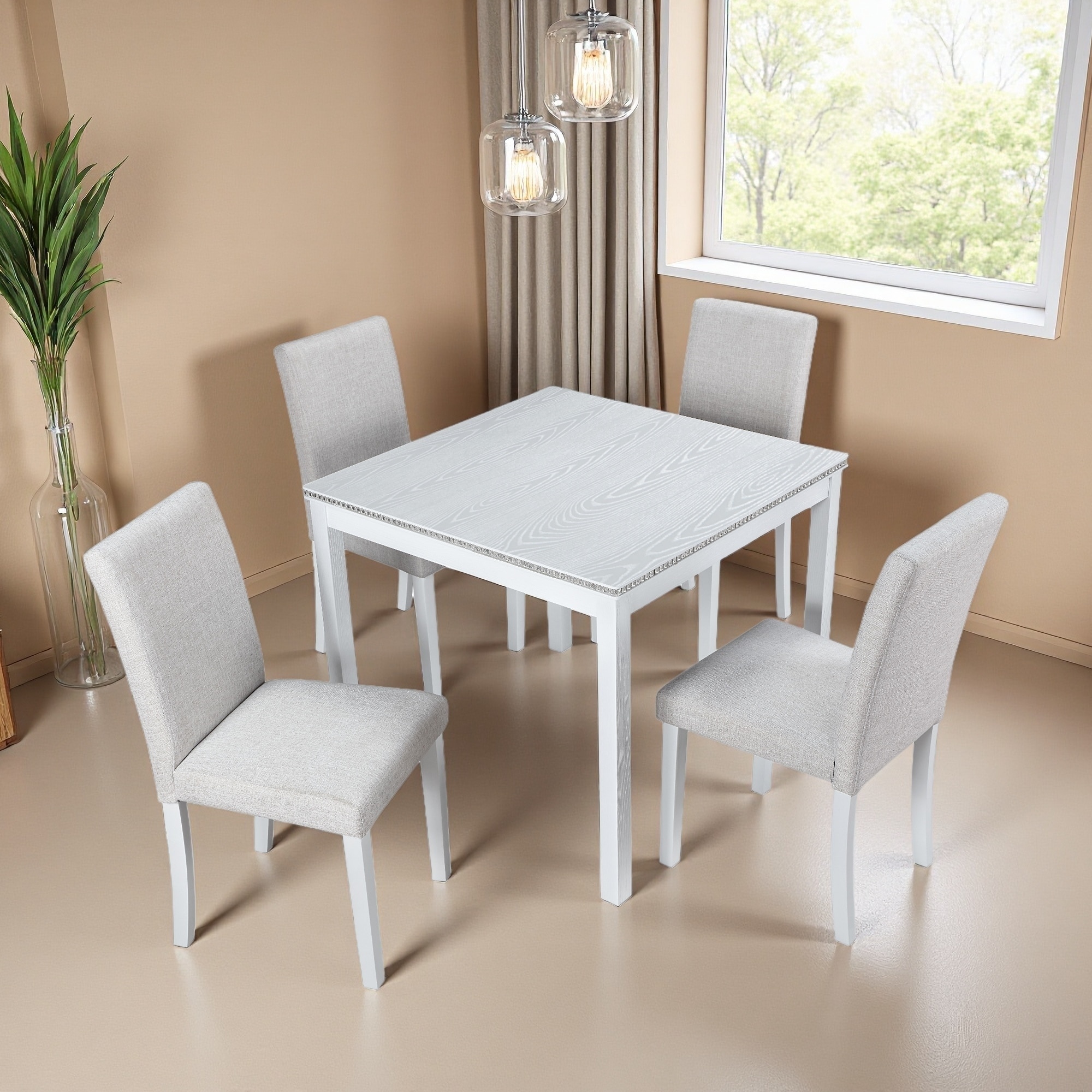 5-Piece 4-Seater Counter Height Dining Set with Square Table, 4 Upholstered Chairs & Crystal Detail