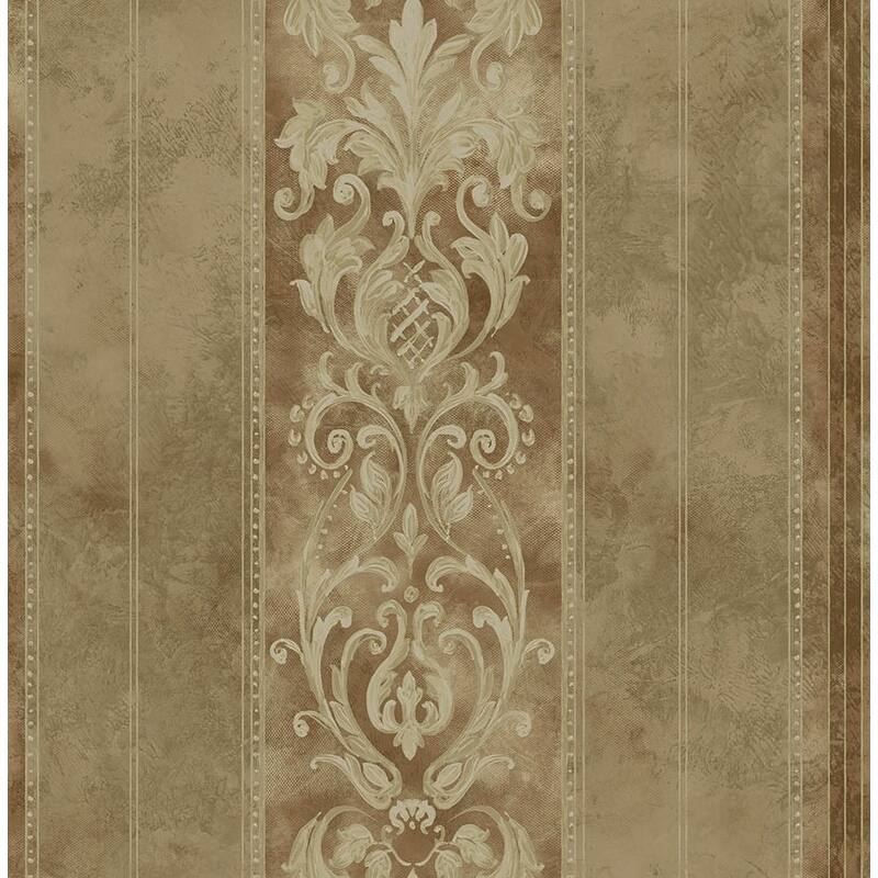 Seabrook Designs Capriana Scroll Stripe Unpasted Wallpaper - 20.5 in W x 33 ft. L - Metallic Taupe & Cafe