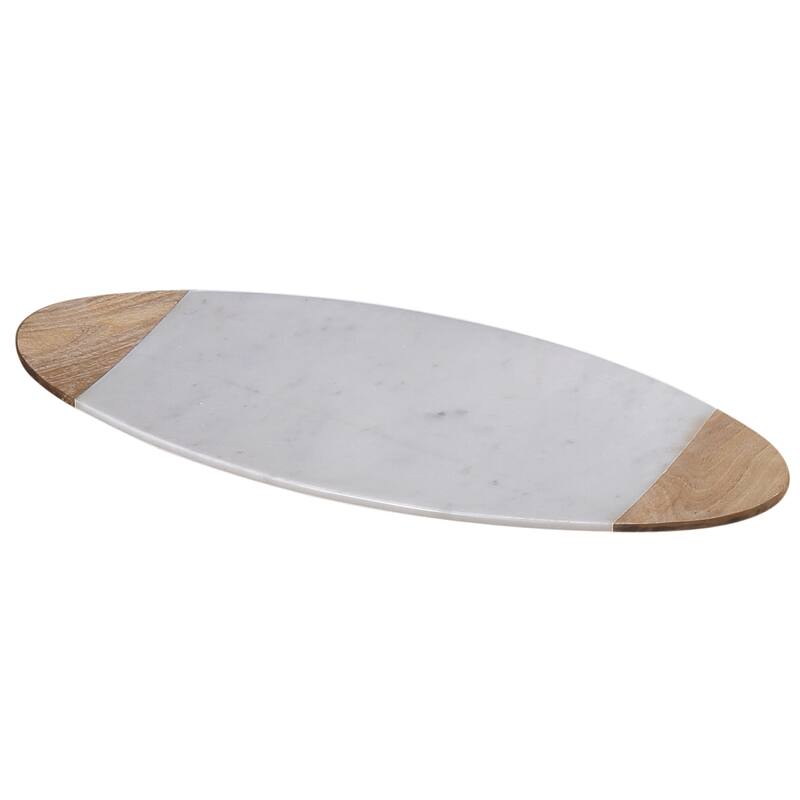 Creative Home Off-White Marble and Mango Wood Oval Cheese Board Serving Platter - White