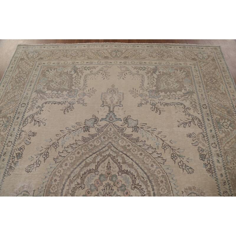 Distressed Tabriz Persian Vintage Area Rug Handmade Beige Wool Carpet - 6'7" x 9'4"