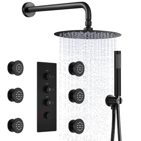 12" Wall Mount Rainfall 3 Way Thermostatic Shower Faucets Sets with 6 Body Jets