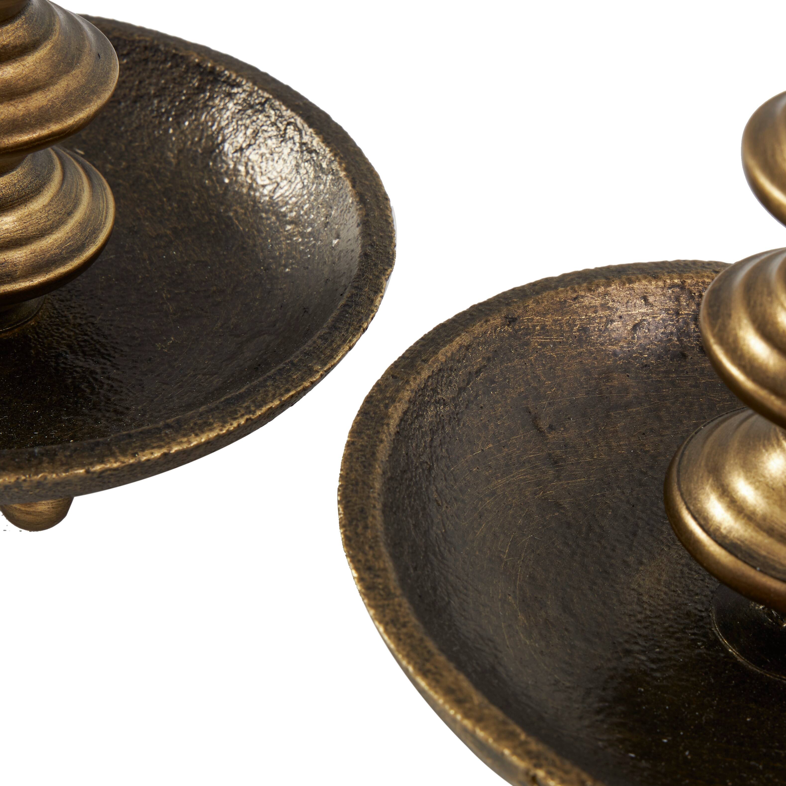 Brass Metal Antique Style Candle Holder with Round Candle Plate (Set of