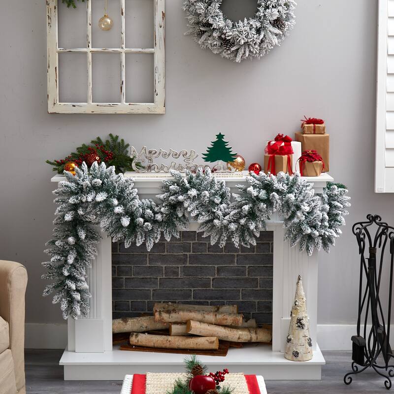 9' x 12" Flocked Artificial Christmas Garland, Warm White LED Lights