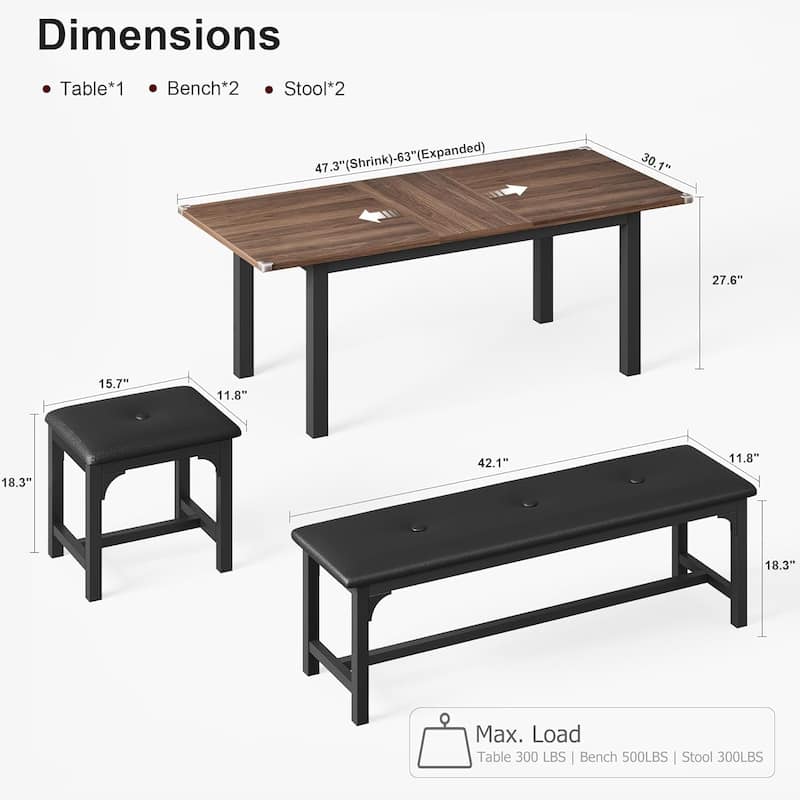 43.7in-63in Extendable Dining Table Set with 2 Benches and 2 Stools