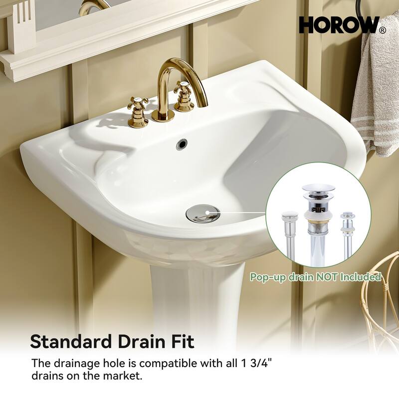 HOROW 21.7 in. W x 18.5 in. D Round Ceramic Pedestal Combo Bathroom Sink in White with Overflow Drain