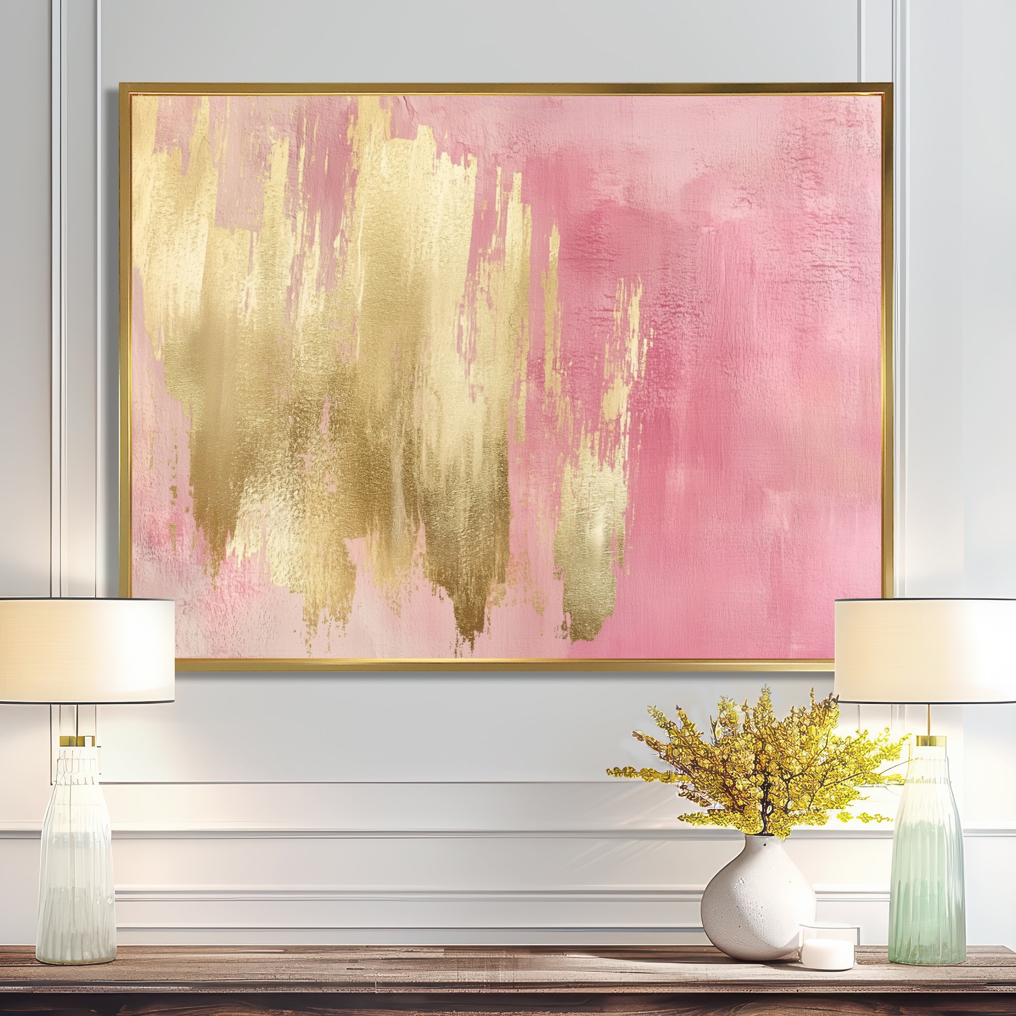 Designart Pink Gold Elegant Brushstrokes - Modern Framed Canvas Wall Art