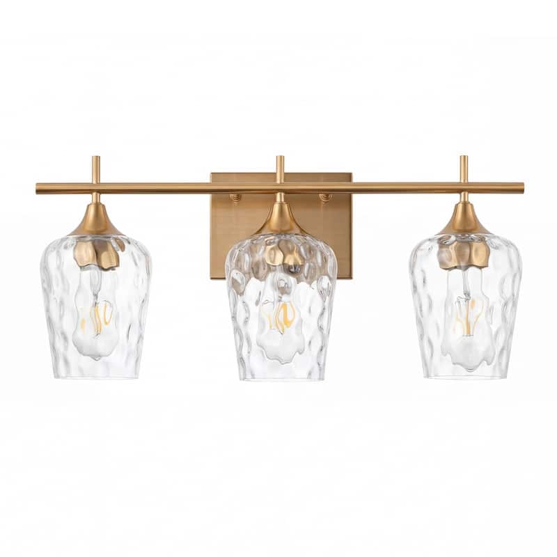 3 Light Bathroom Vanity Light with Brushed Brass Finish with Clear Textured Glass Shades