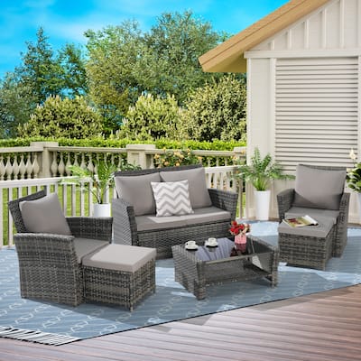 6 Piece Wicker Patio Furniture Sets, Outdoor Sectional Conversation Set with Ottoman and Tempered Glass Coffee Table