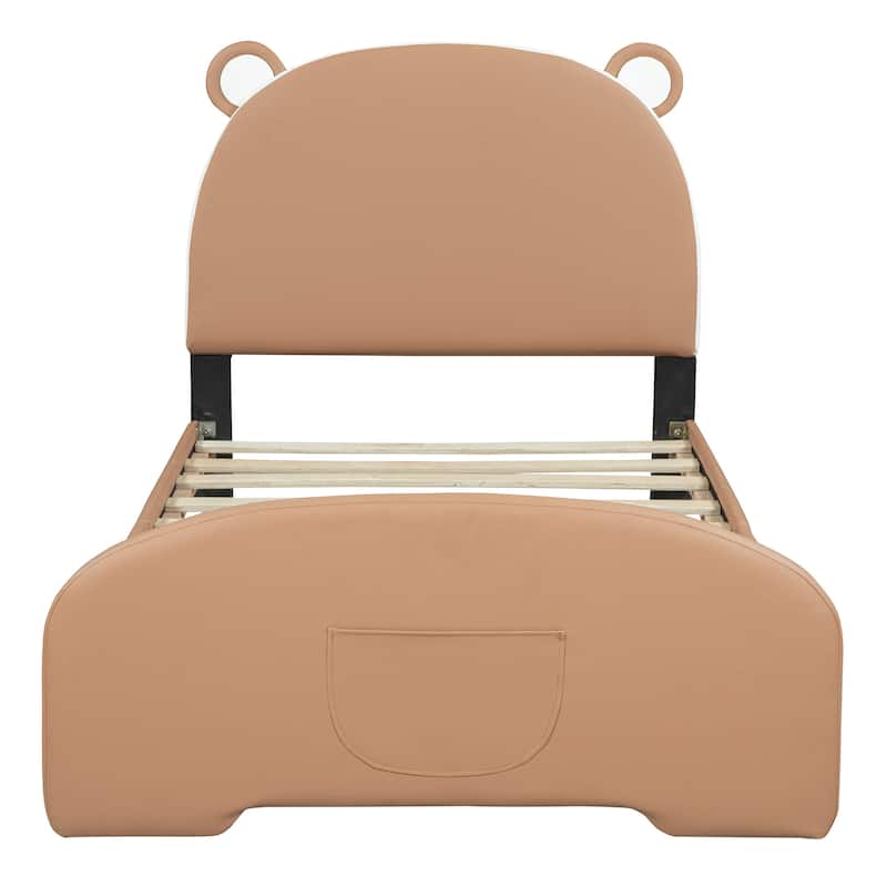 Upholstered Platform Bed, Bear-shaped Headboard, Footboard with Pocket, Wood Panel Bed for Kids Girls Boys