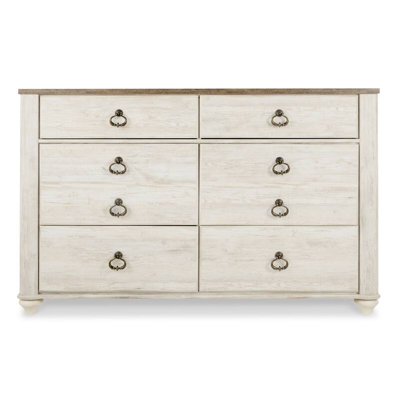 Isla Wide Dresser, 6 Drawers, Brown Wood Finish Top, Rustic Whitewash