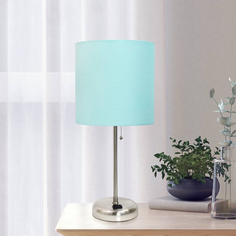 19.5" Power Outlet Metal Lamp in Steel w Aqua Shade