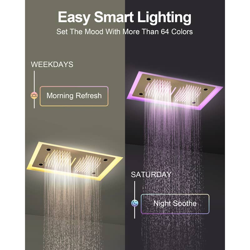 GRANDJOY LUXURY Shower Faucet Set 28"*16" Ceiling Mount Shower Head Body Jets Handheld Spray with Slide Bar LED Music