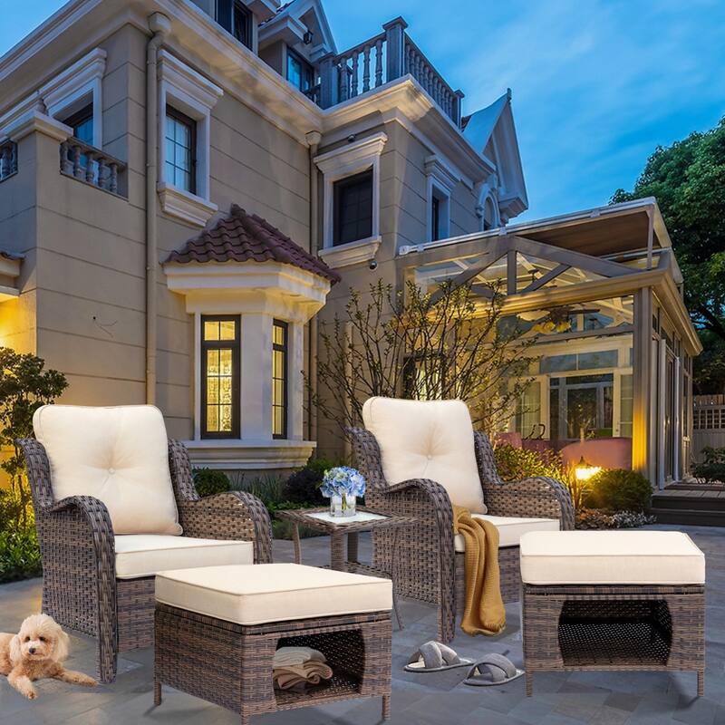 Outdoor Brown Wicker Patio Furniture Seating Sets with Beige Cushions - 5 Piece