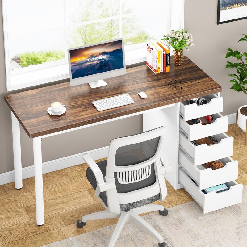 PC/Computer Desk with 5 Reversible Drawers, Home Office Desk with Storage, Laptop Desk Study Writing Table Workstation