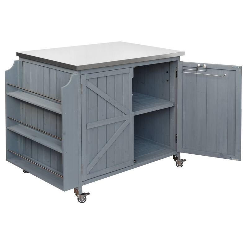 42.1" Outdoor Grill Cart with Side Shelf and Storage Cabinet, Stainless Steel Top Kitchen Island on Wheels