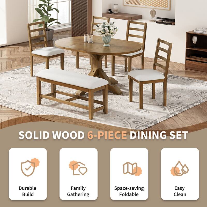 Roomfitters 6-Piece Dining Table Set, Oval Wood Kitchen Table, X-Base Pedestal, 4 Upholstered Chairs & Bench