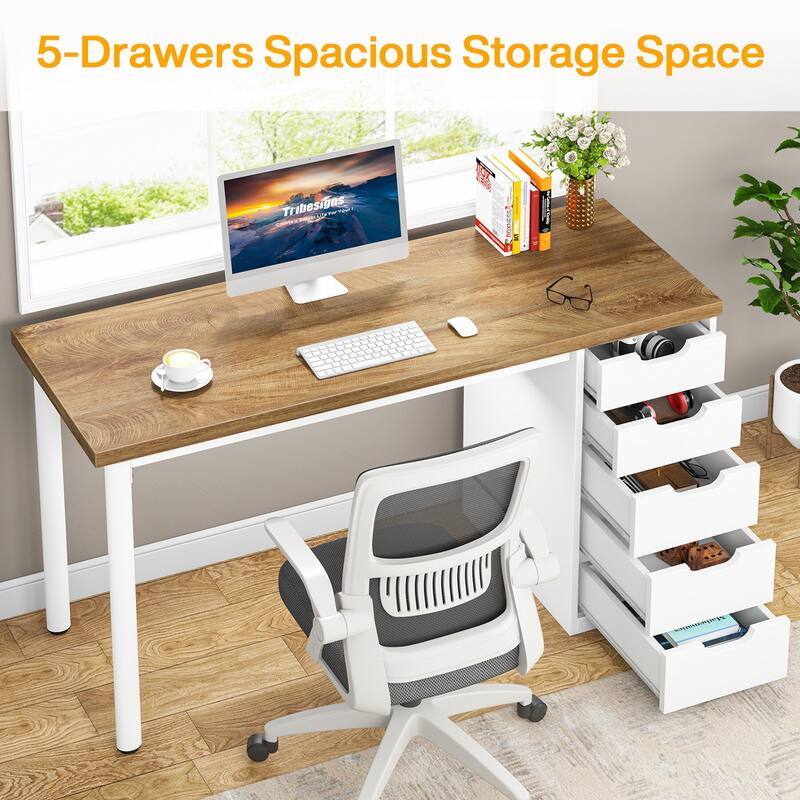 Computer Desk with 5 Drawers, 47 inches Rustic Brown Home Office Desk