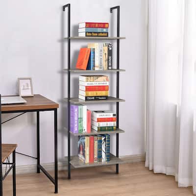 5-Shelf Wood Ladder Bookcase with Metal Frame, Industrial 5-Tier Modern Ladder Shelf Wood Shelves,Gray