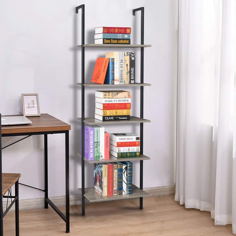 5-Shelf Wood Ladder Bookcase with Metal Frame, Industrial 5-Tier Modern Ladder Shelf Wood Shelves,Gray