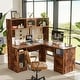 preview thumbnail 39 of 47, L Shaped Desk with File Cabinet and Hutch, Home Office Corner Computer Desk with Drawers and Charge Station Rustic Brown