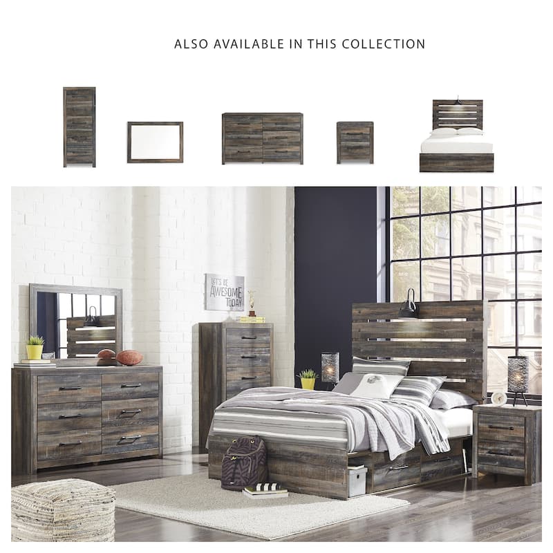 Drystan Rustic Brown Panel Bed with 2 Under Bed Storage Drawers