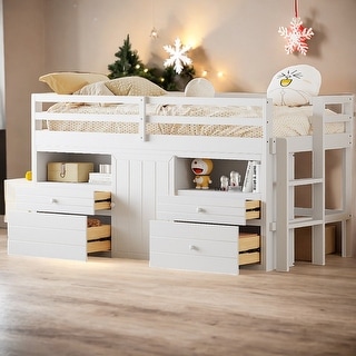 Elegant design Twin Size Loft Bed with 4 Drawers, Underneath Cabinet and Shelves, Space-saving, Solid Construction, White