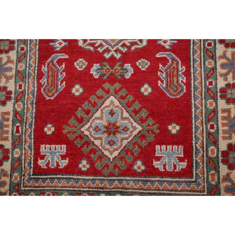Geometric Red Kazak Oriental Accent Rug Hand-Knotted Wool Carpet - 2'8" x 4'1"