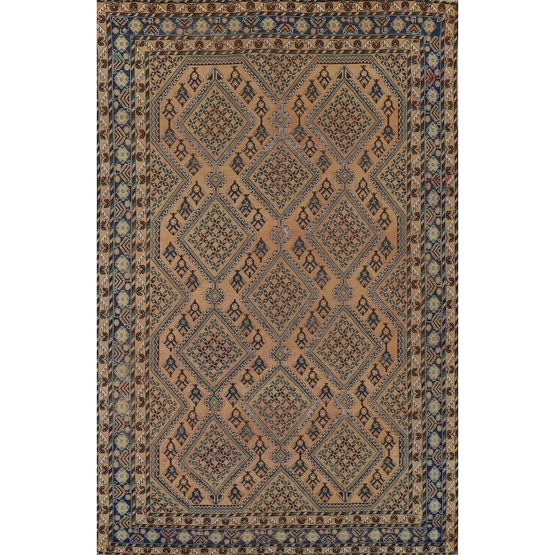 Geometric Bakhtiari Vintage Persian Area Rug Hand-Knotted Wool Carpet - 6'9" x 9'11"