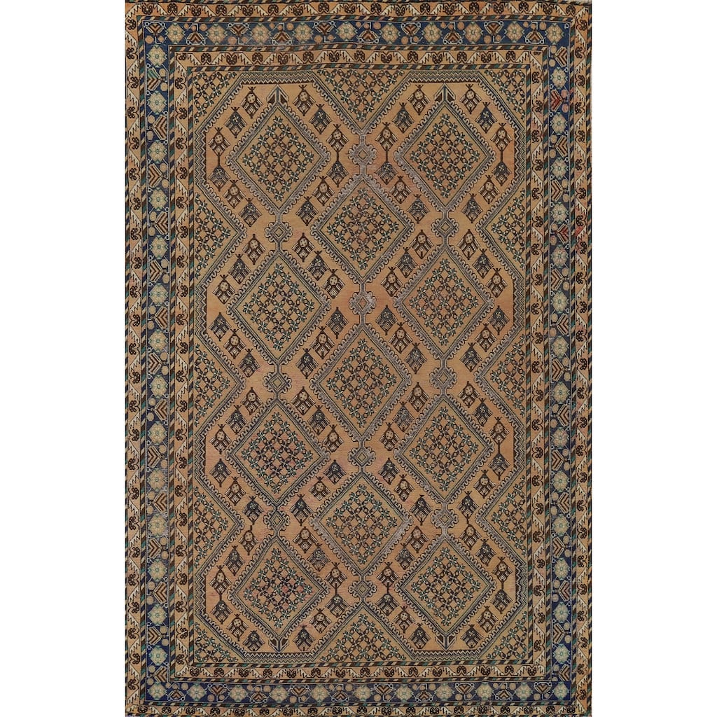 Geometric Bakhtiari Vintage Persian Area Rug Hand-Knotted Wool Carpet - 6'9" x 9'11"
