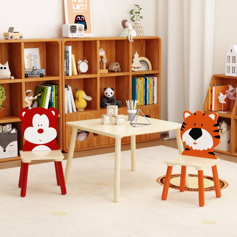 Anmytek Toddler 3-Piece Wooden Table and Chair Set Kids Activity Desk with Animal Backrest for Playroom Nursery