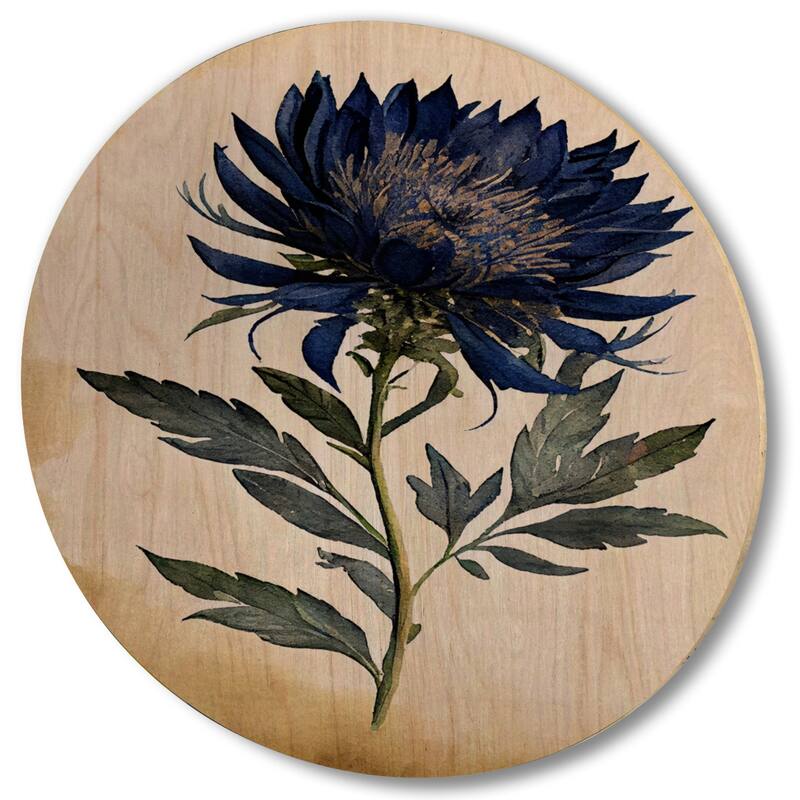 Designart "Blossoming Blue Retro Flower II" Floral Wood Wall Art - Natural Pine Wood