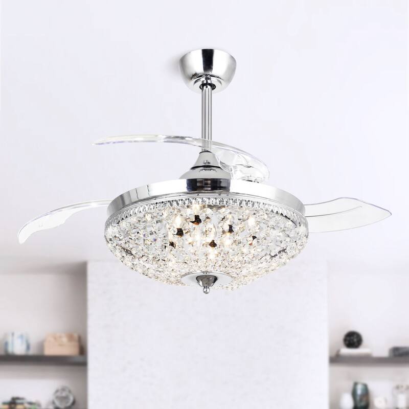 42" Modern Chrome 6-light Chandelier Crystal Ceiling Fan with Remote - Chrome