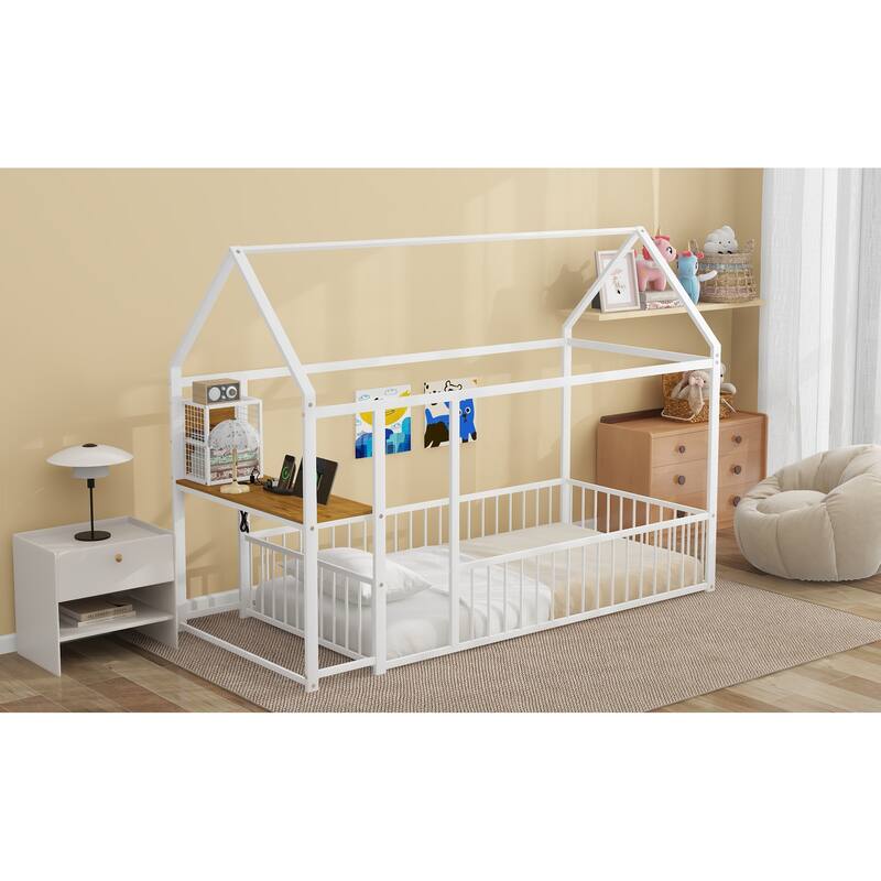 House Bed with Desk and Storage - Twin/Full Metal Frame with USB Ports, Power Outlets, and Shelves