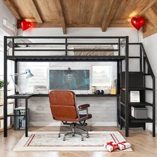 Full /Queen Size Metal Loft Bed with L-shaped Desk,USB,Wardrobe,LED
