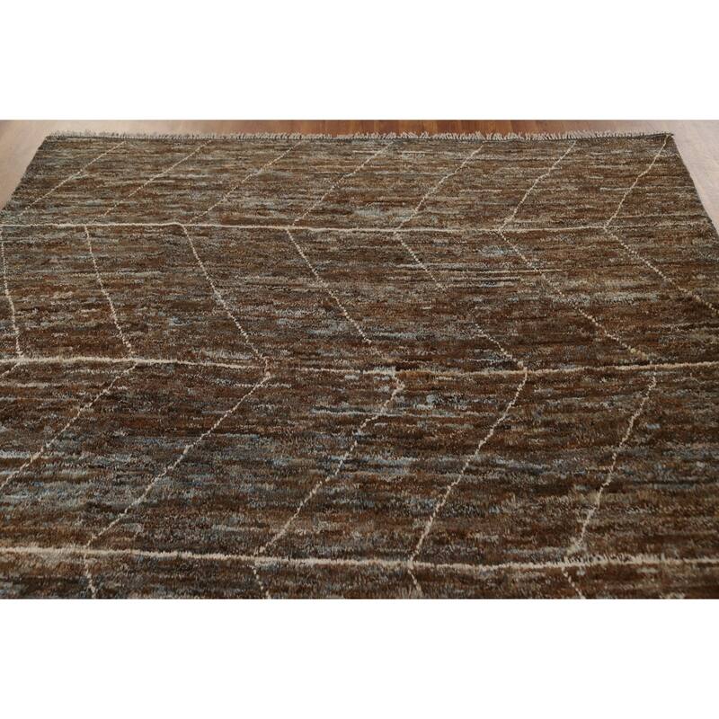 Hand Knotted Oriental 100% Wool Carpet Tribal Tribal Brown Moroccan Area Rug - 9' 7'' X 6' 7''