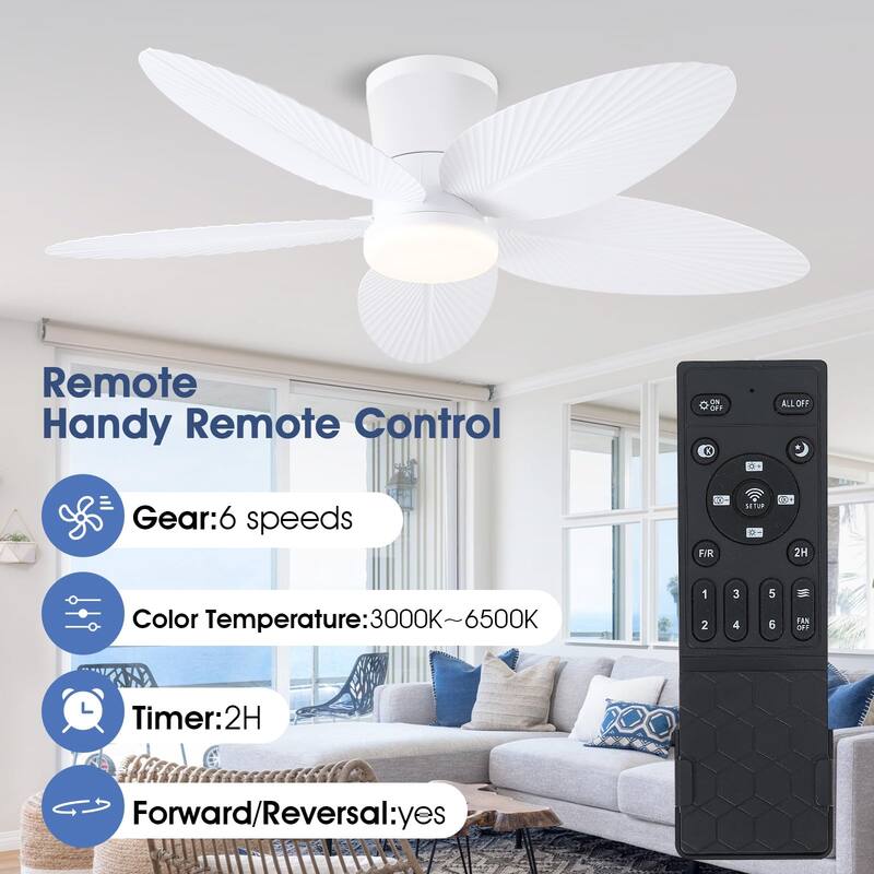 42 Inches Flush Mount Ceiling Fan with Light and Palm Leaf ,3CCT Dimmable LED Integrated,for Indoor and Outdoor - 42 Inches