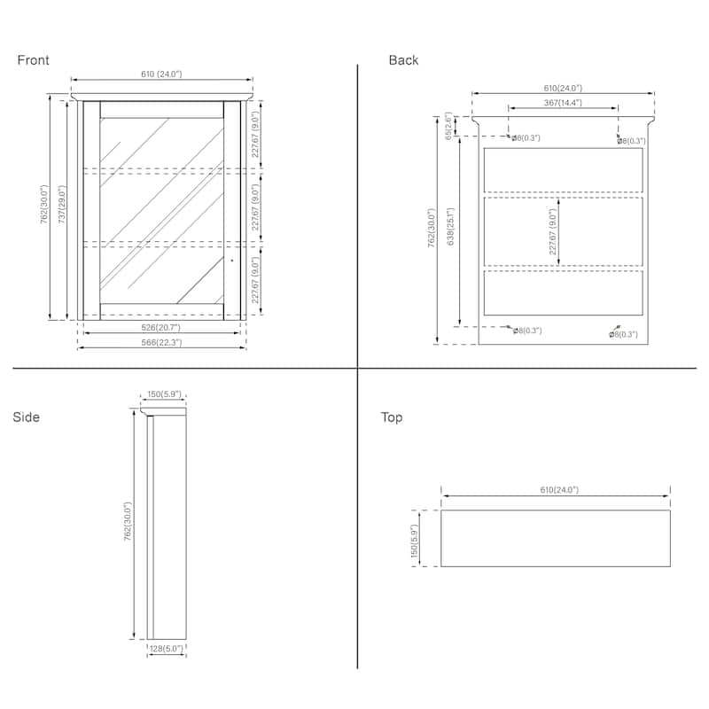 Wall Mounted Surface Mount 24" W x 30" H Mirror Cabinet With Shelves