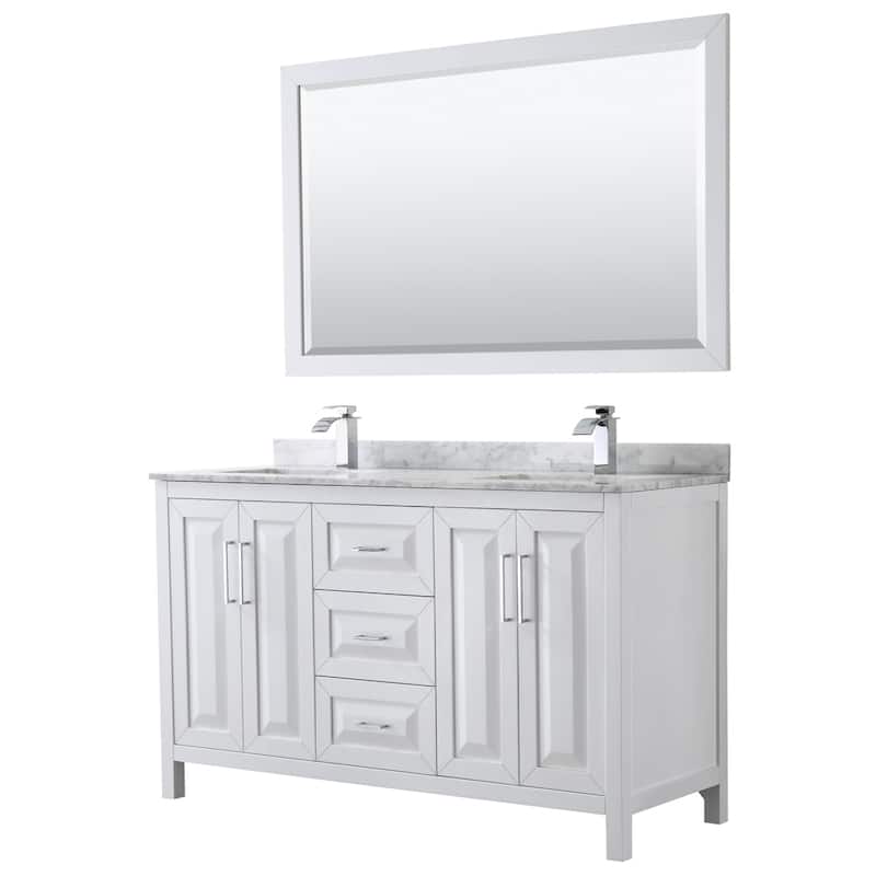 Daria 60-inch Double Vanity, Marble Top, 58-inch Mirror - White, Chrome Trim, White Carrara Marble Top